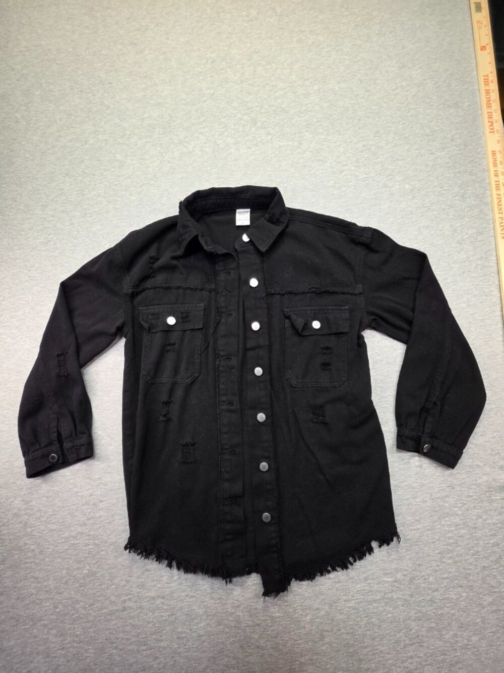 Black Distressed Denim Shacket Button Down Raw Hem Frayed Women's Size Small